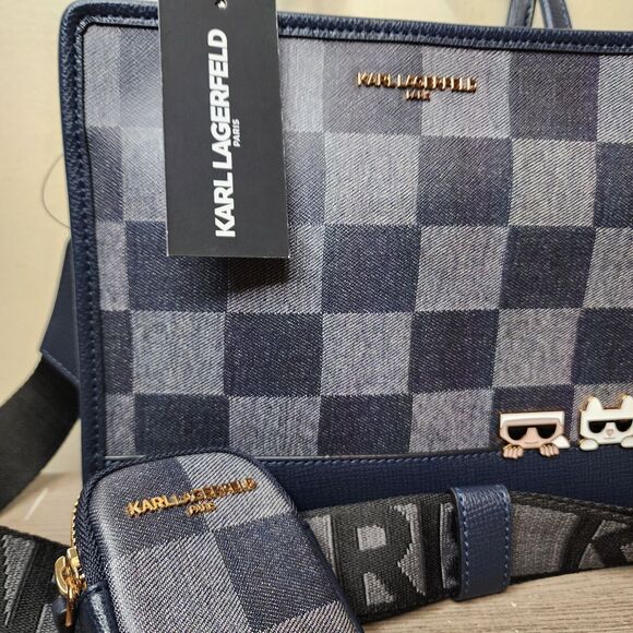 Karl Lagerfeld Paris Bag Maybelle Checkered Satchel Crossbody Pouch Karl Cat - Picture 3 of 13